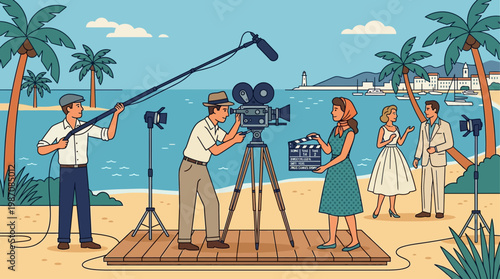 Vintage style illustration of Cannes film set production by the seaside featuring crew filming scene with camera, boom mic, clapperboard, actors, and classic Riviera hotels under sunny sky backdrop.