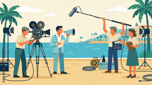 Vintage style illustration of Cannes film set production by the seaside featuring crew filming scene with camera, boom mic, clapperboard, actors, and classic Riviera hotels under sunny sky backdrop.
