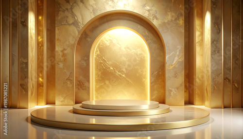 Gold marble arch podium luxury elegant stage illuminated interior modern abstract architecture