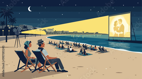 Vintage style illustration of outdoor cinema on Cannes beach at night with couple watching film projected on seaside screen, Riviera skyline, palm trees, moonlight, and elegant cinematic atmosphere.