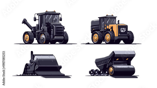 Pixelated artwork depicts four different pieces of heavy machinery against a plain white backdrop
