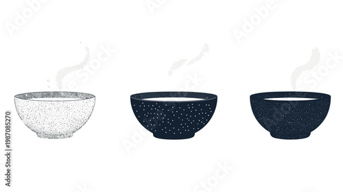 Three bowls of hot beverage, with steam rising against a white background. Each bowl is unique
