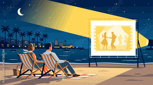Vintage style illustration of outdoor cinema on Cannes beach at night with couple watching film projected on seaside screen, Riviera skyline, palm trees, moonlight, and elegant cinematic atmosphere.