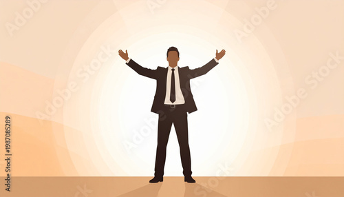 Businessman suit arms raised confident success silhouette sunlight standing happy