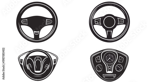 Collection of four different car steering wheel designs in black and white, various styles