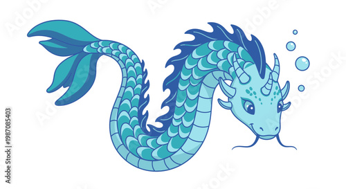 Blue Mermaid Dragon Sea Creature Illustration.