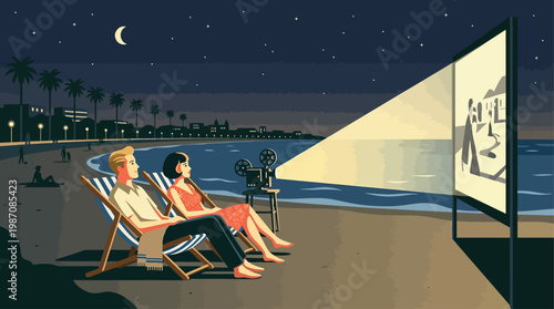 Vintage style illustration of outdoor cinema on Cannes beach at night with couple watching film projected on seaside screen, Riviera skyline, palm trees, moonlight, and elegant cinematic atmosphere.