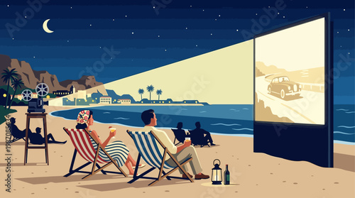 Vintage style illustration of outdoor cinema on Cannes beach at night with couple watching film projected on seaside screen, Riviera skyline, palm trees, moonlight, and elegant cinematic atmosphere.