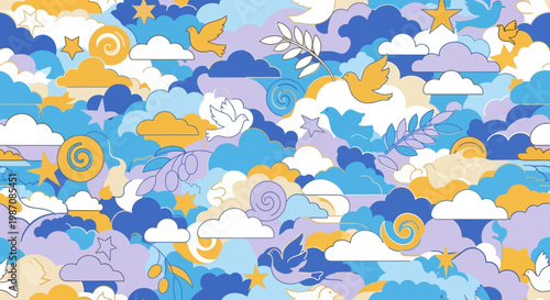 Abstract Sky Pattern with Doves, Stars, and Swirls