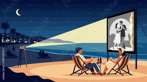 Vintage style illustration of outdoor cinema on Cannes beach at night with couple watching film projected on seaside screen, Riviera skyline, palm trees, moonlight, and elegant cinematic atmosphere.