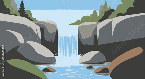 Waterfall flowing down rocky cliffside stream.