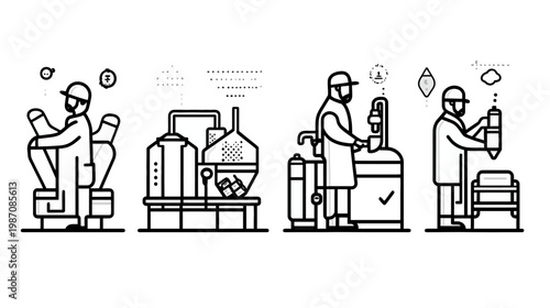 Linear illustration of scientists conducting processes within a stylized industrial setting