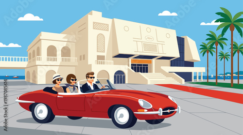 Vintage illustration of luxury arrival at Cannes Film Festival featuring classic convertible car with elegant guests approaching Palais des Festivals, red carpet, palm trees, and Riviera setting.