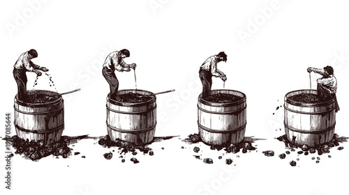 Vintage ink illustration of a worker in four steps, inside and around wooden barrels