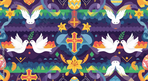 Easter Pattern: Doves, Crosses, Lilies, Eggs, Festive Geometric Design