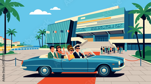 Vintage illustration of luxury arrival at Cannes Film Festival featuring classic convertible car with elegant guests approaching Palais des Festivals, red carpet, palm trees, and Riviera setting.