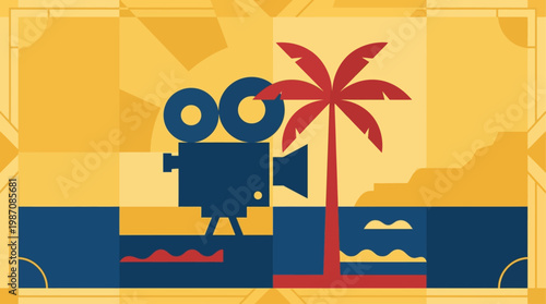 Stylized retro poster inspired by Cannes featuring a vintage film camera under a palm tree at sunset. Minimalist geometric design evokes cinema, travel, and iconic French Riviera festival vibes