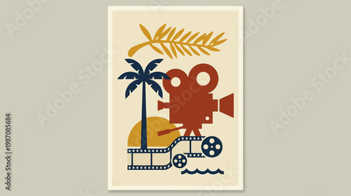Stylized retro poster inspired by Cannes featuring a vintage film camera under a palm tree at sunset. Minimalist geometric design evokes cinema, travel, and iconic French Riviera festival vibes