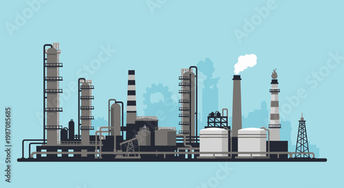 Industrial factory plant with smokestacks.