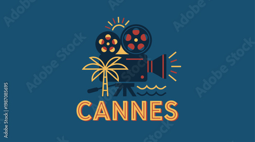 Stylized retro poster inspired by Cannes featuring a vintage film camera under a palm tree at sunset. Minimalist geometric design evokes cinema, travel, and iconic French Riviera festival vibes