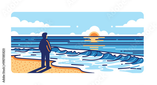 Man standing on sandy beach shore.