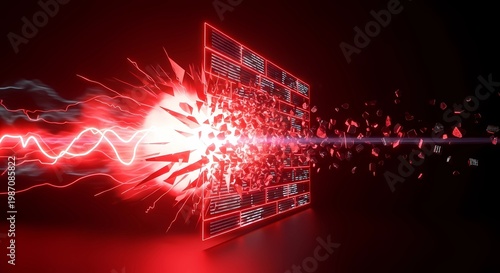 Abstract cyber security concept of digital firewall protection and data breach with glowing neon lights.