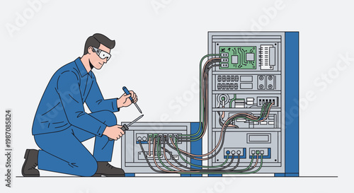 Man working on electrical panel system.