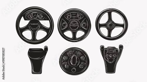 Stylized, black and white illustrations of various steering wheels and control panels, all on a white background