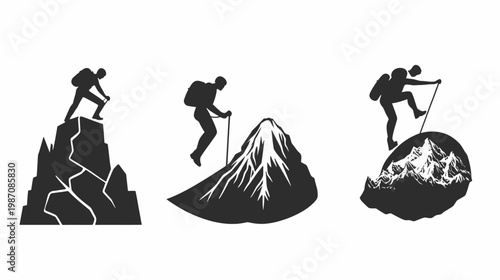 Silhouetted figures depicting climbers in different phases of scaling mountains, against a white background