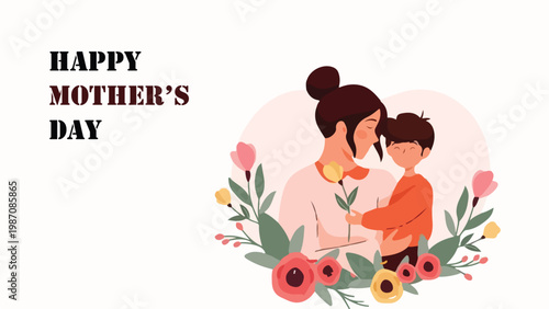 Happy Mother’s Day adult and child hugging with colorful flowers affectionate family celebration vector illustration design