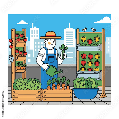 Gardener tending to rooftop urban farm with fresh vegetables and fruits.
