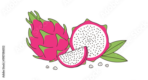 Fresh dragon fruit with green leaves.