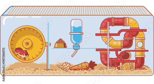 Hamster in exercise wheel and tunnel.