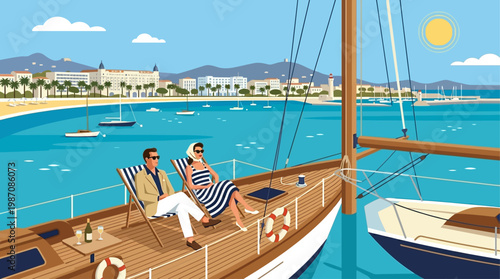 Elegant retro illustration of couple relaxing on a luxury yacht near Cannes coastline. Calm sea, sailboats, and Mediterranean cityscape highlight premium travel, leisure, and summer lifestyle vibes.