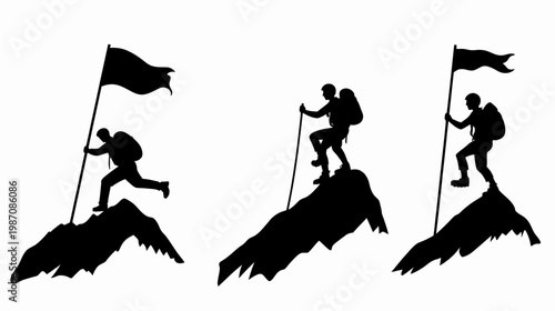 Silhouettes of three climbers conquering mountain peaks, holding flags as symbols of achievement