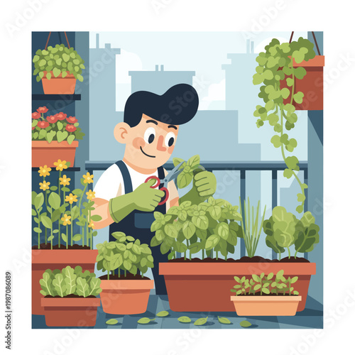 Man tending to his balcony garden with care and precision.