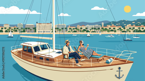 Elegant retro illustration of couple relaxing on a luxury yacht near Cannes coastline. Calm sea, sailboats, and Mediterranean cityscape highlight premium travel, leisure, and summer lifestyle vibes.