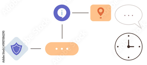 Workflow, cybersecurity, navigation, scheduling, communication, informational processes. Visual diagram icons for security, information location speech and time. Workflow and cybersecurity
