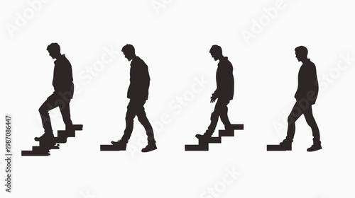 Four sequential silhouettes of a person walking up a staircase. Solid black against white background