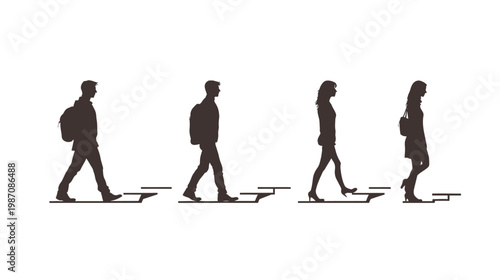 Silhouetted figures of people walking up stairs, possibly representing progress or journey
