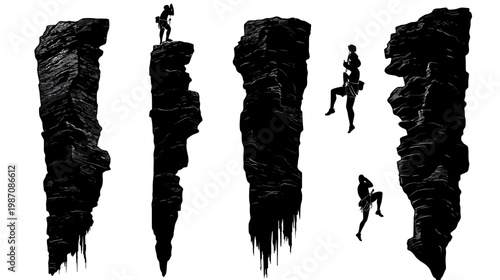 Black and white illustration of rock climbing with silhouetted figures on the cliffs