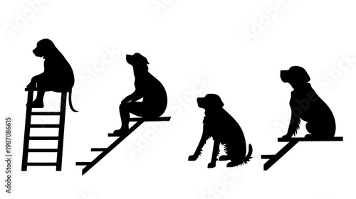 Silhouettes of dogs on stairs and a ladder, rendered in black against a white background
