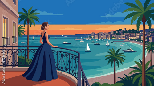 Elegant woman in emerald evening gown on a balcony overlooking Cannes coastline at sunset, yachts and palm-lined walk glowing under crescent moon, luxury, vintage Riviera glamour style illustration