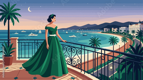 Elegant woman in emerald evening gown on a balcony overlooking Cannes coastline at sunset, yachts and palm-lined walk glowing under crescent moon, luxury, vintage Riviera glamour style illustration