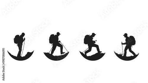 Silhouettes of hikers with backpacks and trekking poles ascending terrain on curved green bases