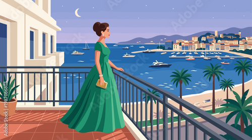 Elegant woman in emerald evening gown on a balcony overlooking Cannes coastline at sunset, yachts and palm-lined walk glowing under crescent moon, luxury, vintage Riviera glamour style illustration