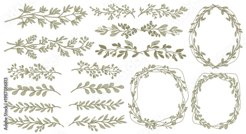 Green leaves and floral wreaths.