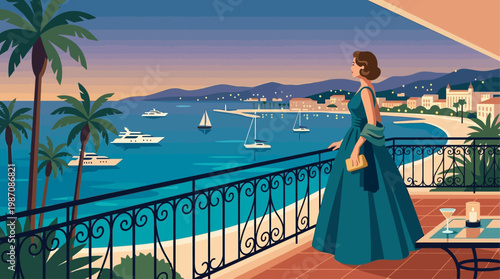 Elegant woman in emerald evening gown on a balcony overlooking Cannes coastline at sunset, yachts and palm-lined walk glowing under crescent moon, luxury, vintage Riviera glamour style illustration