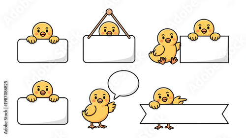 Cute Easter Chick Holding Blank Sign Line Art Vector Set – Adorable Baby Chick Message Board Outline Collection