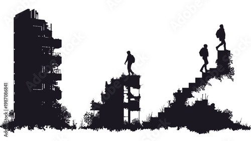 Silhouetted figures traversing urban decay. Buildings and stairways overgrown with vegetation